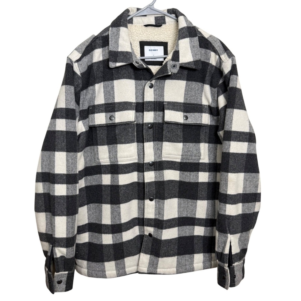 Old Navy Mens Sherpa Lined Buffalo Plaid Flannel Shirt Jacket Black White Large